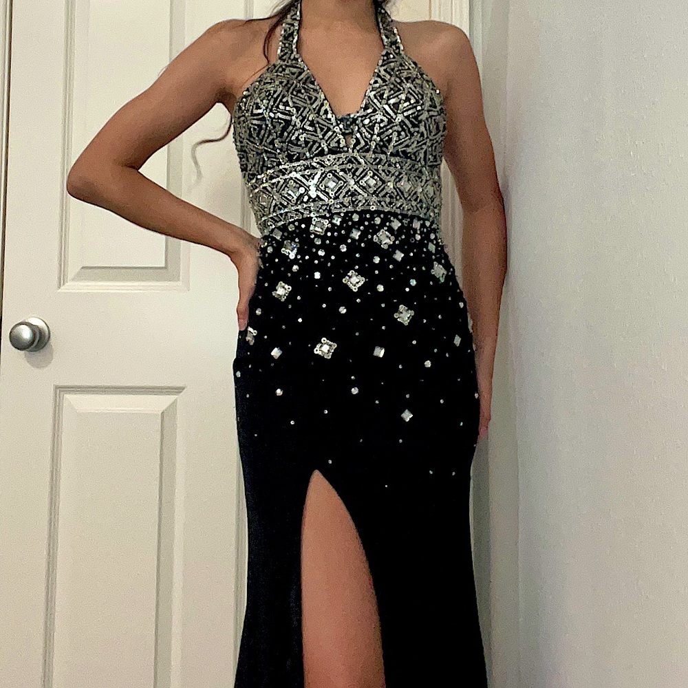 Black Halter top beaded and sequins dress with slit